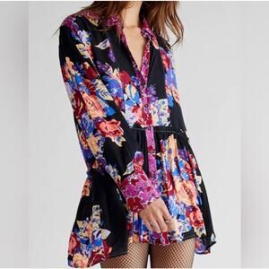 Free People Women's Black Multi Brunch A Bunch Floral Tunic Dress Size Large